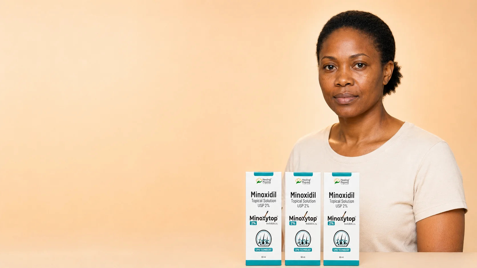 Thandi with three Minoxytop 2% cartons — 3-month supply