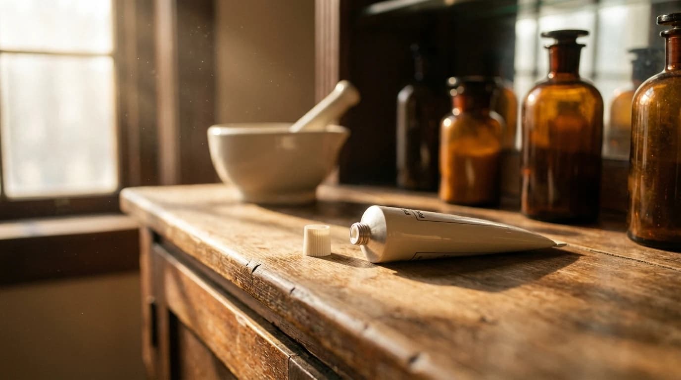 Clinical-grade skincare collection with tubes and amber bottles on marble counter in warm morning light