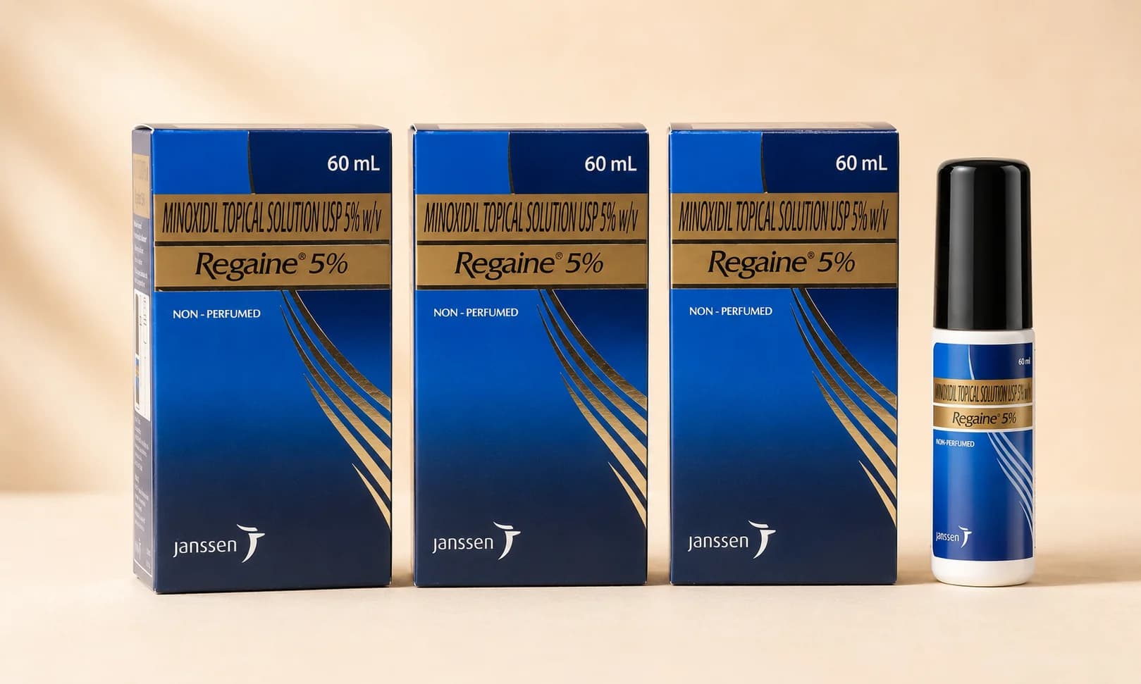 Three Regaine 5% cartons with bottle — 3-month supply