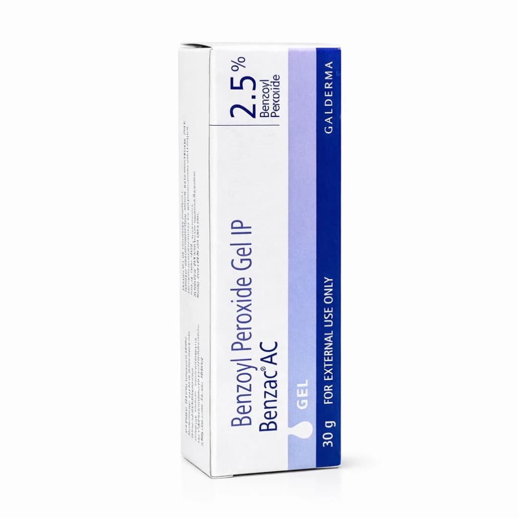 Benzac AC 30g tube and outer box — pharmaceutical-grade benzoyl peroxide gel by Galderma India