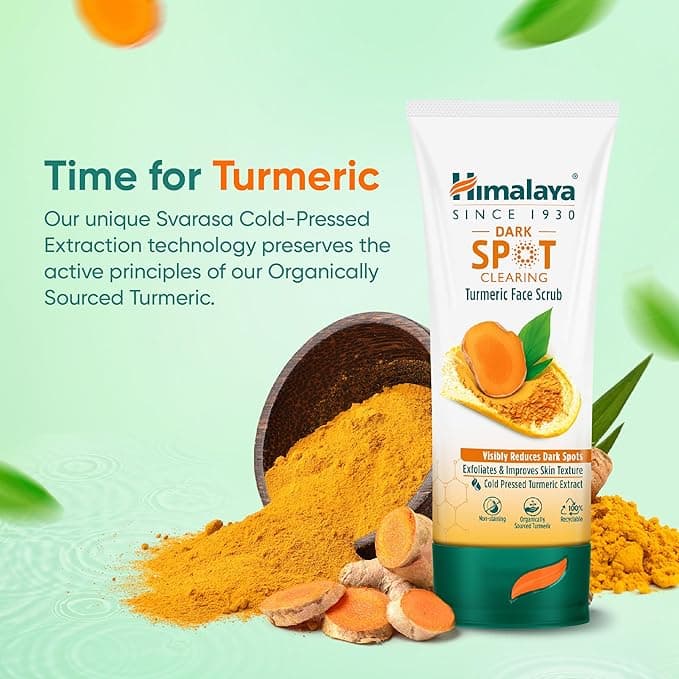 Himalaya Svarasa cold-pressed turmeric extraction technology — organically sourced turmeric face scrub for dark spots