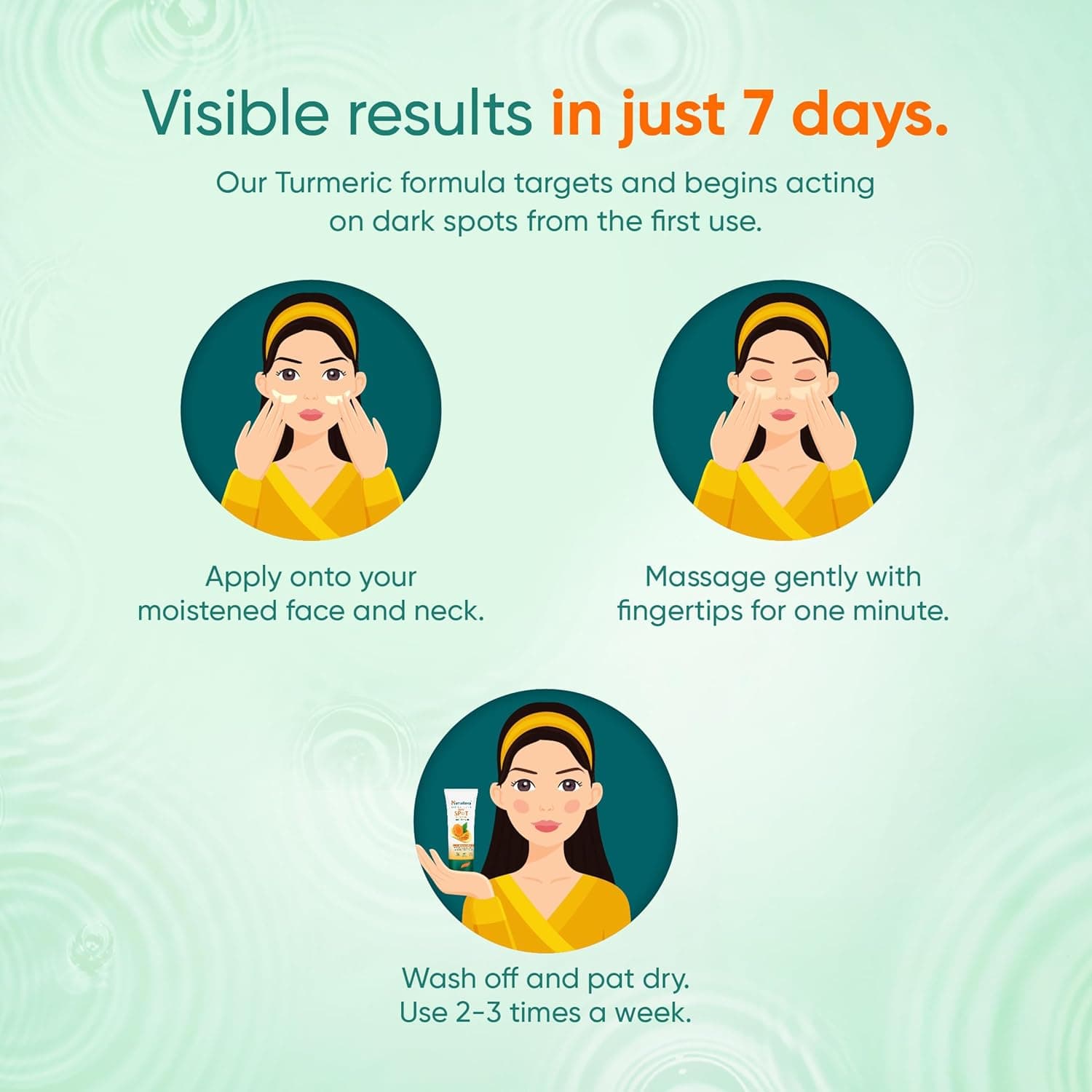 How to use Himalaya Turmeric Face Scrub — apply to moistened face and neck, massage for one minute, visible dark spot results in 7 days