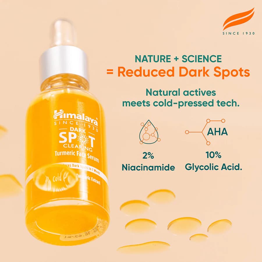 Himalaya Turmeric Face Serum with 2% niacinamide and 10% glycolic acid AHA — nature plus science for reduced dark spots