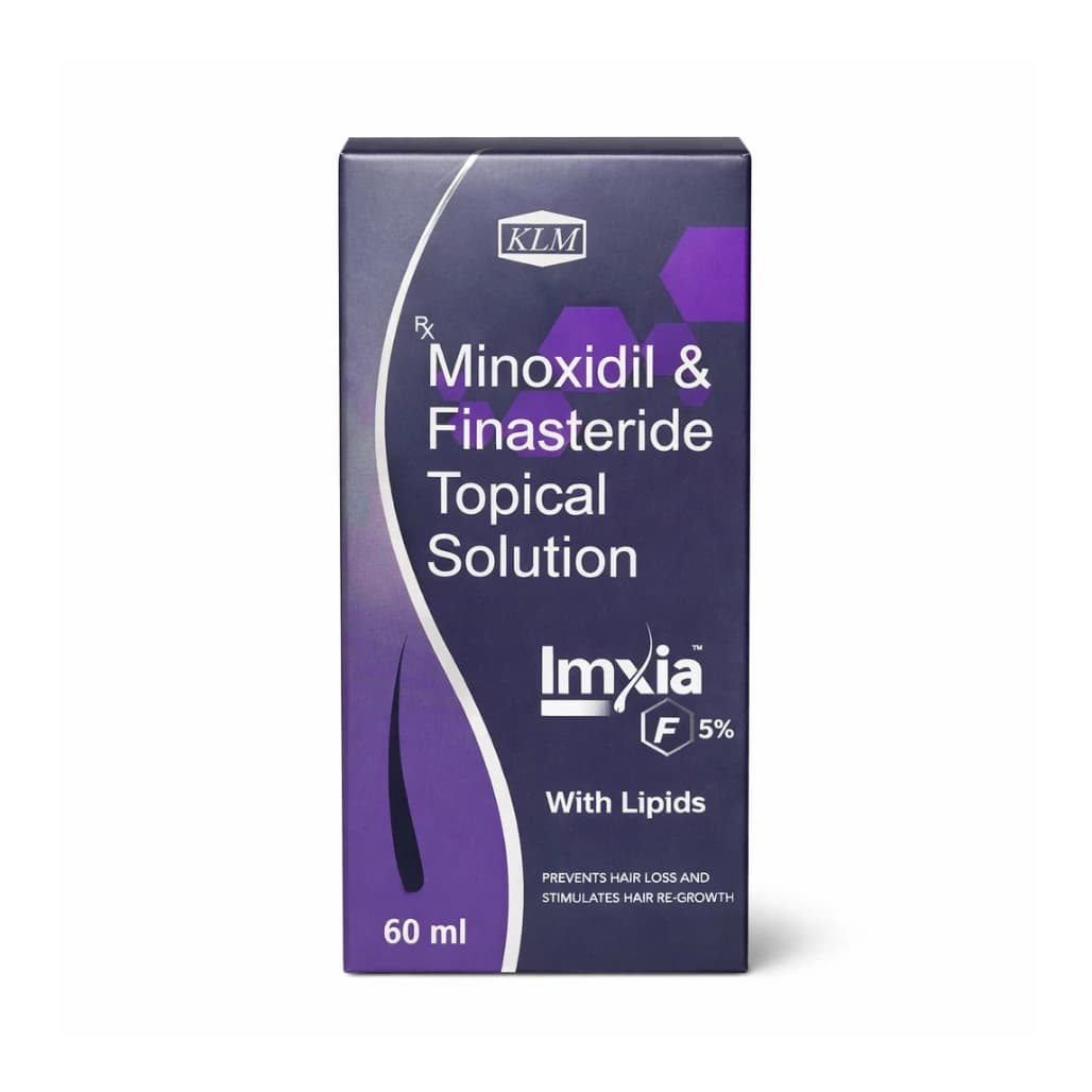 KLM Imxia F5% 60ml bottle and outer box — pharmaceutical-grade combination hair loss therapy South Africa
