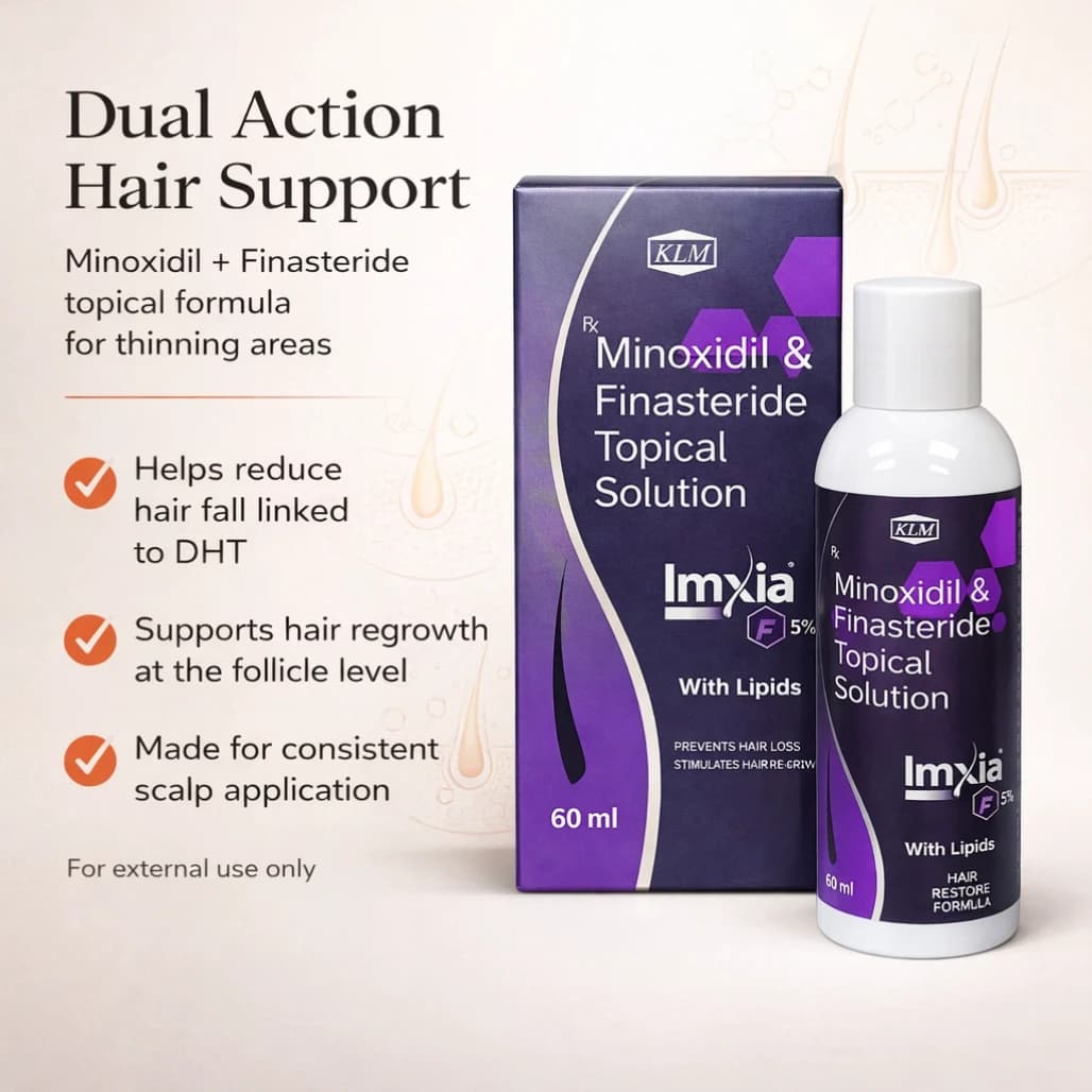 KLM Imxia F5% application to thinning scalp — spray and dropper applicators for precise scalp delivery