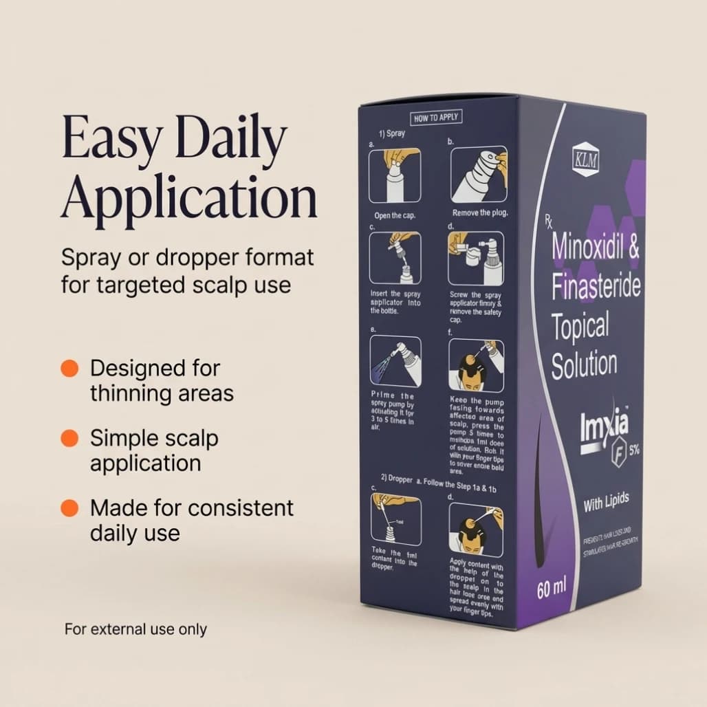 KLM Imxia F5% usage demonstration — once-to-twice daily dual-action hair regrowth routine