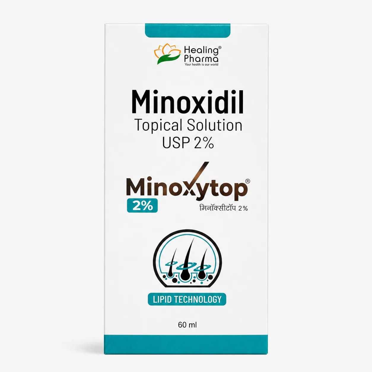 Minoxytop Minoxidil Topical Solution USP 2% 60ml carton by Healing Pharma — front of box, gentle OTC hair regrowth South Africa