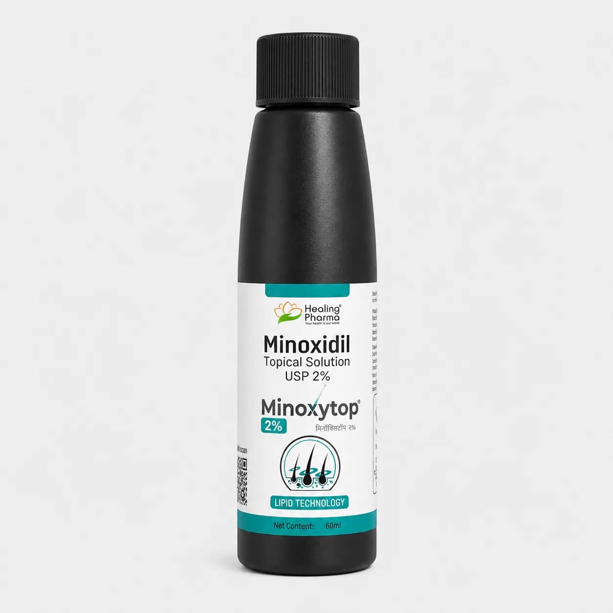 Minoxytop 2% 60ml bottle front view — black bottle with white label, lipid technology formulation
