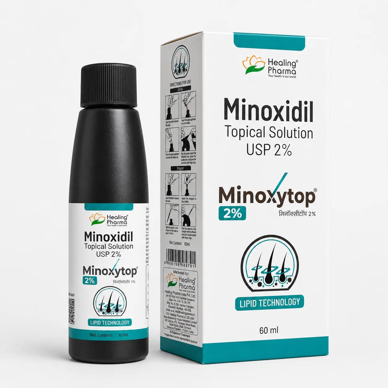 Minoxytop Minoxidil 2% bottle and carton together with directions for use detail — spray and dropper application