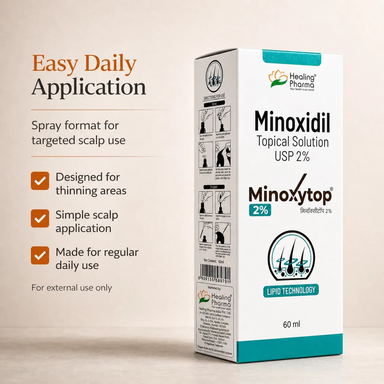 Minoxytop 2% easy daily application — spray format for targeted scalp use, designed for thinning areas