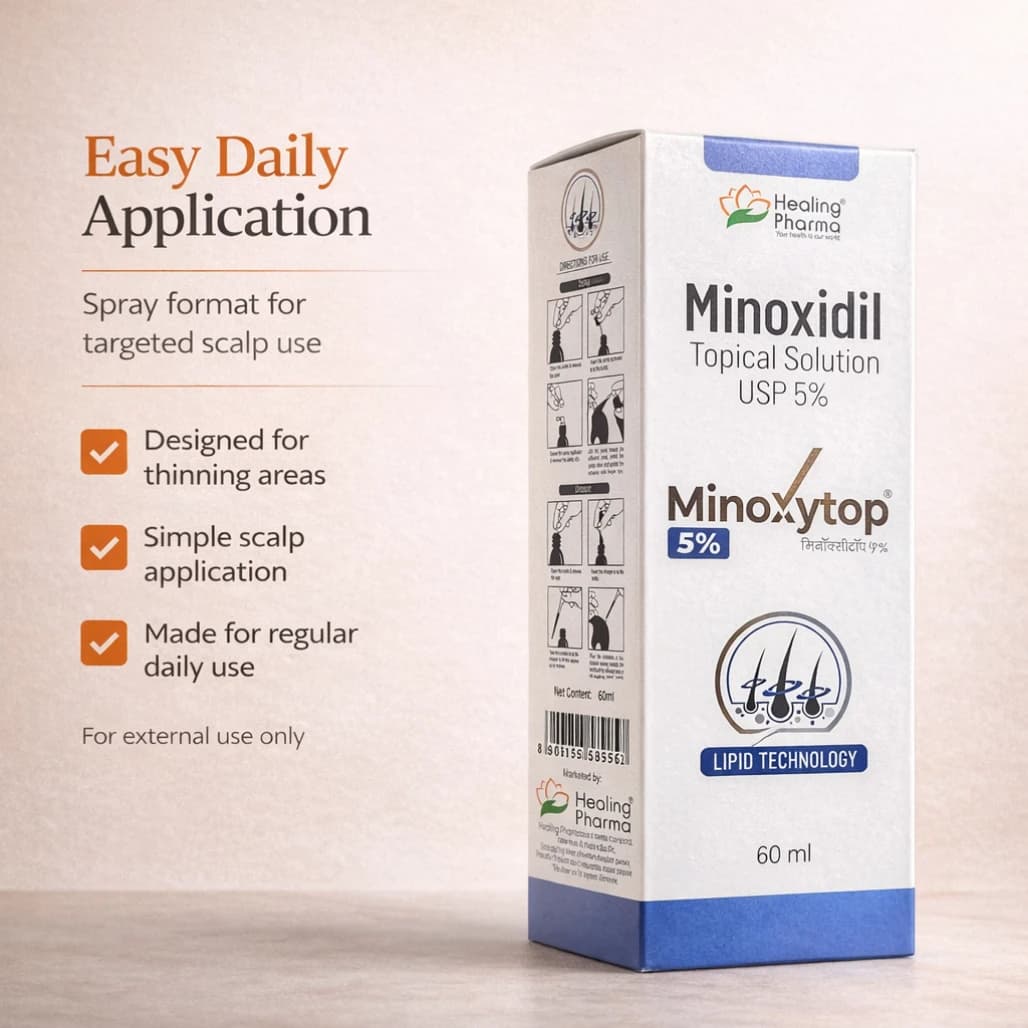 Minoxytop Minoxidil 5% application to thinning scalp — twice-daily hair regrowth routine