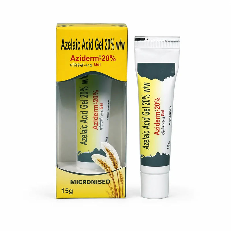 Aziderm 20% micronised azelaic acid gel with 15g tube and box