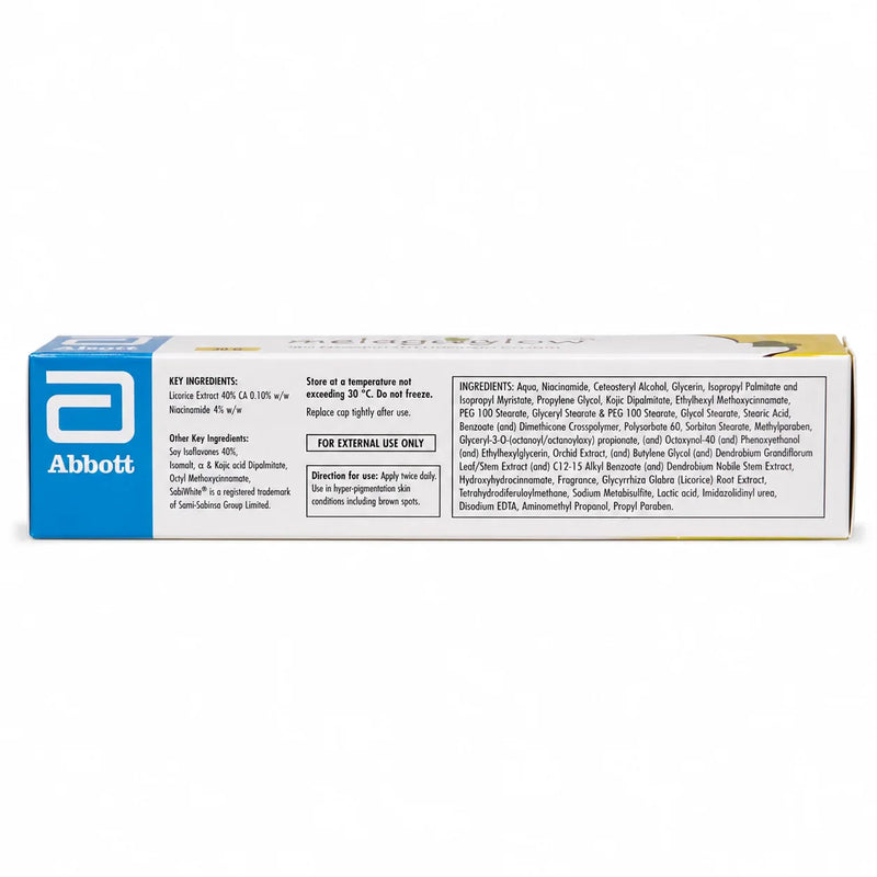 Side information panel of Melaglow 30g carton showing product details