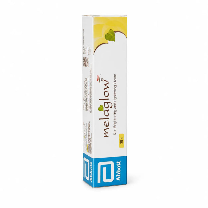 Front carton view of Melaglow 30g cream packaging on a white background