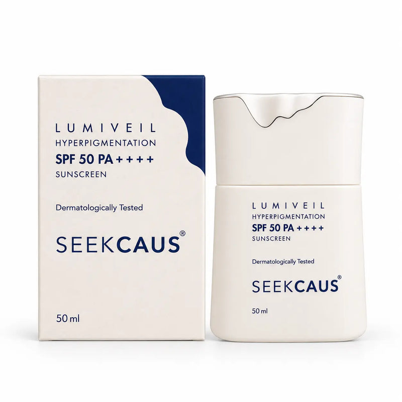 SEEKCAUS LumiVeil Hyperpigmentation SPF 50 PA++++ Sunscreen box and 50ml bottle