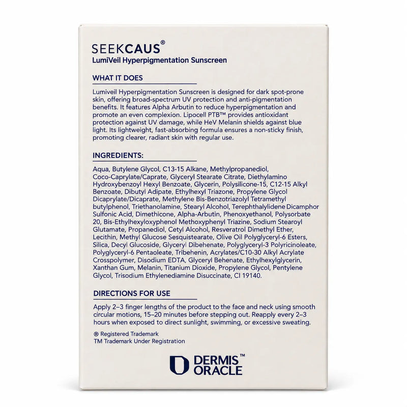 Back of SEEKCAUS LumiVeil Hyperpigmentation Sunscreen packaging with ingredients and directions