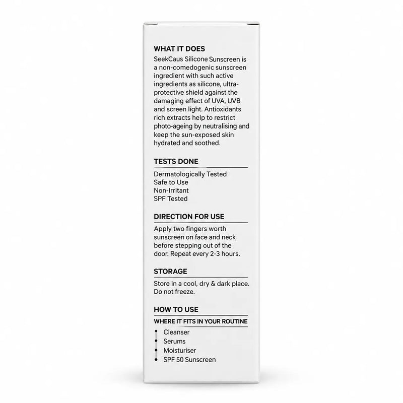 SEEKCAUS Silicone Sunscreen Gel packaging with product information and directions for use