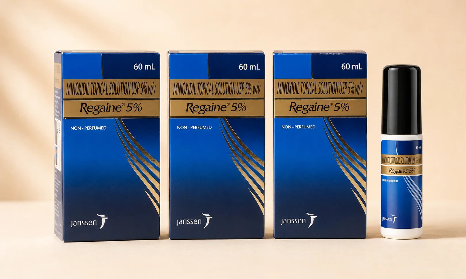 Three Regaine 5% cartons with bottle — 3-month supply