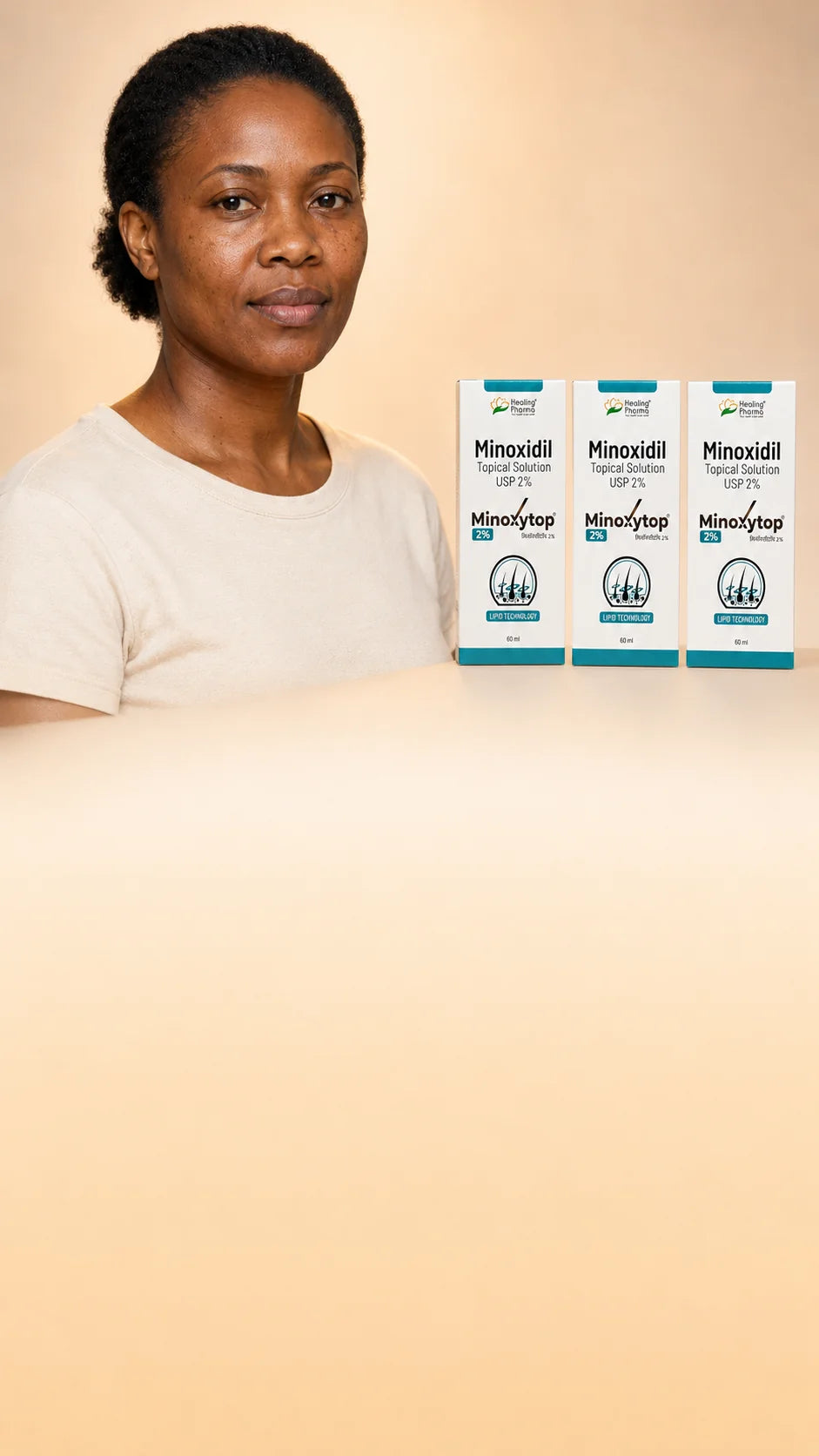 Thandi with three Minoxytop 2% cartons — 3-month supply