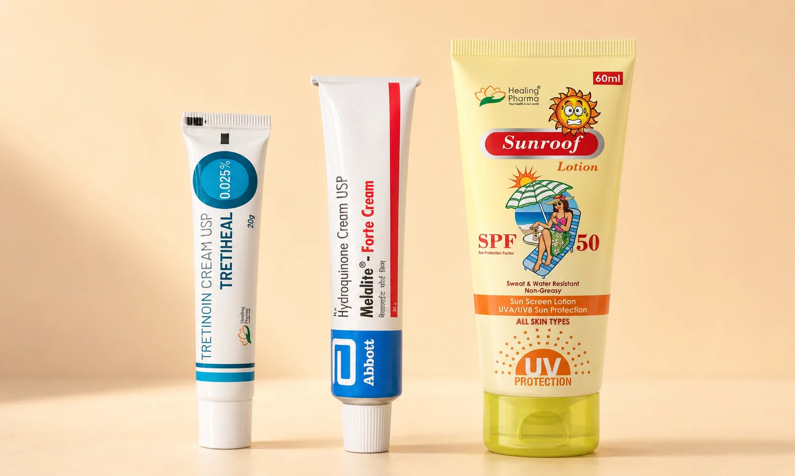 Tretiheal Tretinoin 0.025%, Hydroquinone 4% 30g, and Sunroof SPF 50 — the Core dark spot routine for South African skin