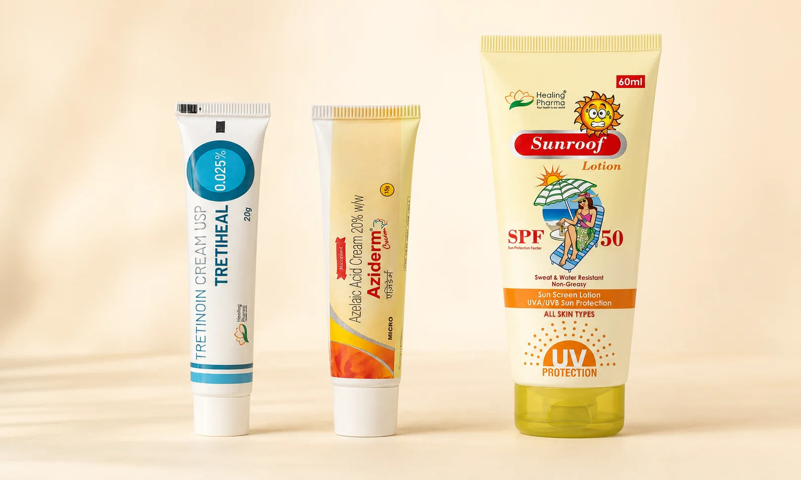 Tretiheal Tretinoin 0.025%, Aziderm Azelaic Acid 20%, and Sunroof SPF 50 — the Starter gentle pigmentation routine for South African skin