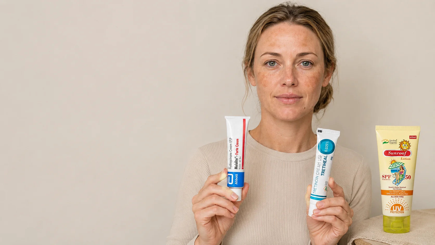 Claire holding Hydroquinone 4% 30g, Tretiheal Tretinoin 0.025%, and Sunroof SPF 50 — the Core dark spot routine for South African skin