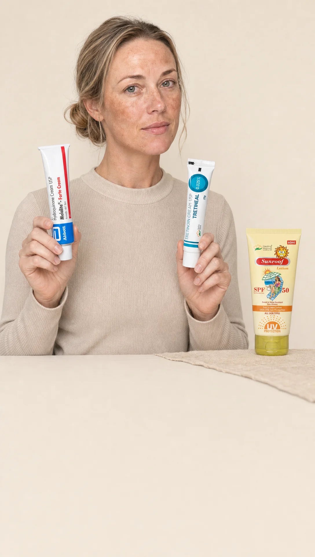 Claire holding Hydroquinone 4% 30g, Tretiheal Tretinoin 0.025%, and Sunroof SPF 50 — the Core dark spot routine for South African skin