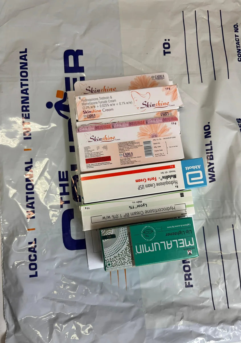 A customer's skincare order packed for delivery — Skinshine, Melalite and Melalumin creams